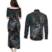 Aotearoa Moko Tribal Tattoo Couples Matching Puletasi and Long Sleeve Button Shirt New Zealand Maori Penguin and Fantail Paua Shell Style LT03 - Polynesian Pride