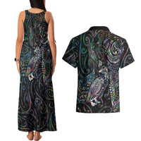 Aotearoa Moko Tribal Tattoo Couples Matching Tank Maxi Dress and Hawaiian Shirt New Zealand Maori Penguin and Fantail Paua Shell Style LT03 - Polynesian Pride