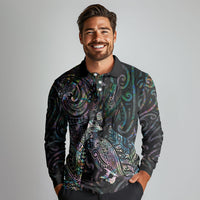 Aotearoa Moko Tribal Tattoo Long Sleeve Polo Shirt New Zealand Maori Penguin and Fantail Paua Shell Style LT03 - Polynesian Pride