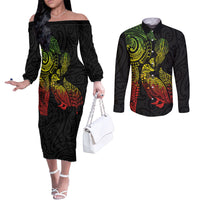 Aotearoa Moko Tribal Tattoo Couples Matching Off The Shoulder Long Sleeve Dress and Long Sleeve Button Shirt New Zealand Maori Penguin and Fantail Reggae Style LT03 Multicolor - Polynesian Pride