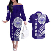 Tupou College Toloa Couples Matching Off The Shoulder Long Sleeve Dress and Hawaiian Shirt Ngatu and Polynesian Pattern LT03 Blue - Polynesian Pride