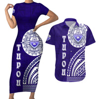 Tupou College Toloa Couples Matching Short Sleeve Bodycon Dress and Hawaiian Shirt Ngatu and Polynesian Pattern LT03 Blue - Polynesian Pride
