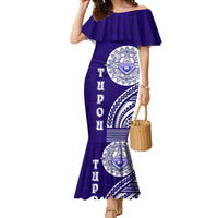 Tupou College Toloa Family Matching Mermaid Dress and Hawaiian Shirt Ngatu and Polynesian Pattern LT03 Mom's Dress Blue - Polynesian Pride