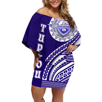 Tupou College Toloa Family Matching Off Shoulder Short Dress and Hawaiian Shirt Ngatu and Polynesian Pattern LT03 Mom's Dress Blue - Polynesian Pride