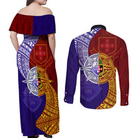 Kolisi Tonga Atele and Tupou College Toloa Couples Matching Off Shoulder Maxi Dress and Long Sleeve Button Shirt Ngatu and Polynesian Spiral Pattern LT03 - Polynesian Pride