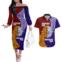 Kolisi Tonga Atele and Tupou College Toloa Couples Matching Off The Shoulder Long Sleeve Dress and Hawaiian Shirt Ngatu and Polynesian Spiral Pattern LT03 Red - Polynesian Pride