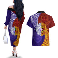 Kolisi Tonga Atele and Tupou College Toloa Couples Matching Off The Shoulder Long Sleeve Dress and Hawaiian Shirt Ngatu and Polynesian Spiral Pattern LT03 - Polynesian Pride