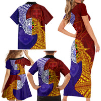Kolisi Tonga Atele and Tupou College Toloa Family Matching Short Sleeve Bodycon Dress and Hawaiian Shirt Ngatu and Polynesian Spiral Pattern LT03 - Polynesian Pride