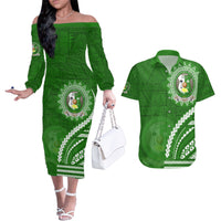 Liahona High School Couples Matching Off The Shoulder Long Sleeve Dress and Hawaiian Shirt Ngatu and Polynesian Pattern LT03 Green - Polynesian Pride