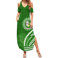 Liahona High School Family Matching Summer Maxi Dress and Hawaiian Shirt Ngatu and Polynesian Pattern LT03 Mom's Dress Green - Polynesian Pride