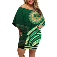 Saineha High School Family Matching Off Shoulder Short Dress and Hawaiian Shirt Ngatu and Polynesian Pattern LT03 Mom's Dress Green - Polynesian Pride