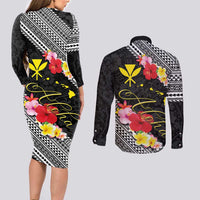 Aloha Hawaii Hibiscus and Plumeria Flowers Couples Matching Long Sleeve Bodycon Dress and Long Sleeve Button Shirt Kanaka Maoli Tattoo Polynesian Pattern LT03 - Polynesian Pride