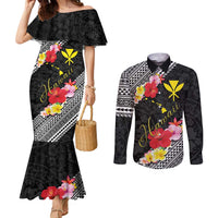Aloha Hawaii Hibiscus and Plumeria Flowers Couples Matching Mermaid Dress and Long Sleeve Button Shirt Kanaka Maoli Tattoo Polynesian Pattern LT03 Black - Polynesian Pride