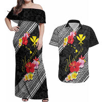 Aloha Hawaii Hibiscus and Plumeria Flowers Couples Matching Off Shoulder Maxi Dress and Hawaiian Shirt Kanaka Maoli Tattoo Polynesian Pattern LT03 Black - Polynesian Pride
