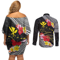 Aloha Hawaii Hibiscus and Plumeria Flowers Couples Matching Off Shoulder Short Dress and Long Sleeve Button Shirt Kanaka Maoli Tattoo Polynesian Pattern LT03 - Polynesian Pride