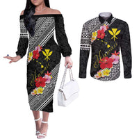 Aloha Hawaii Hibiscus and Plumeria Flowers Couples Matching Off The Shoulder Long Sleeve Dress and Long Sleeve Button Shirt Kanaka Maoli Tattoo Polynesian Pattern LT03 Black - Polynesian Pride