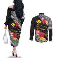 Aloha Hawaii Hibiscus and Plumeria Flowers Couples Matching Off The Shoulder Long Sleeve Dress and Long Sleeve Button Shirt Kanaka Maoli Tattoo Polynesian Pattern LT03 - Polynesian Pride