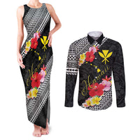 Aloha Hawaii Hibiscus and Plumeria Flowers Couples Matching Tank Maxi Dress and Long Sleeve Button Shirt Kanaka Maoli Tattoo Polynesian Pattern LT03 Black - Polynesian Pride