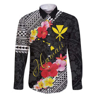 Aloha Hawaii Hibiscus and Plumeria Flowers Family Matching Off Shoulder Maxi Dress and Hawaiian Shirt Kanaka Maoli Tattoo Polynesian Pattern LT03 Dad's Shirt - Long Sleeve Black - Polynesian Pride