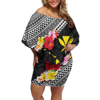 Aloha Hawaii Hibiscus and Plumeria Flowers Off Shoulder Short Dress Kanaka Maoli Tattoo Polynesian Pattern LT03 Women Black - Polynesian Pride