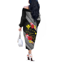 Aloha Hawaii Hibiscus and Plumeria Flowers Off The Shoulder Long Sleeve Dress Kanaka Maoli Tattoo Polynesian Pattern LT03 - Polynesian Pride