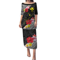 Aloha Hawaii Hibiscus and Plumeria Flowers Puletasi Kanaka Maoli Tattoo Polynesian Pattern LT03 Long Dress Black - Polynesian Pride