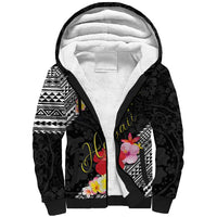 Aloha Hawaii Hibiscus and Plumeria Flowers Sherpa Hoodie Kanaka Maoli Tattoo Polynesian Pattern LT03 Unisex Black - Polynesian Pride