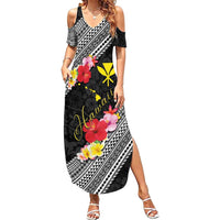 Aloha Hawaii Hibiscus and Plumeria Flowers Summer Maxi Dress Kanaka Maoli Tattoo Polynesian Pattern LT03 Women Black - Polynesian Pride