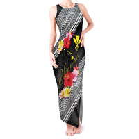 Aloha Hawaii Hibiscus and Plumeria Flowers Tank Maxi Dress Kanaka Maoli Tattoo Polynesian Pattern LT03 Women Black - Polynesian Pride