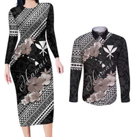 Aloha Hawaii Hibiscus and Plumeria Flowers Couples Matching Long Sleeve Bodycon Dress and Long Sleeve Button Shirt Kanaka Maoli Tattoo Polynesian Pattern Gray Color LT03 Black - Polynesian Pride