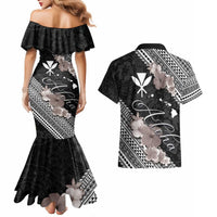 Aloha Hawaii Hibiscus and Plumeria Flowers Couples Matching Mermaid Dress and Hawaiian Shirt Kanaka Maoli Tattoo Polynesian Pattern Gray Color LT03 - Polynesian Pride