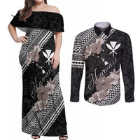 Aloha Hawaii Hibiscus and Plumeria Flowers Couples Matching Off Shoulder Maxi Dress and Long Sleeve Button Shirt Kanaka Maoli Tattoo Polynesian Pattern Gray Color LT03 Black - Polynesian Pride