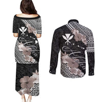 Aloha Hawaii Hibiscus and Plumeria Flowers Couples Matching Puletasi and Long Sleeve Button Shirt Kanaka Maoli Tattoo Polynesian Pattern Gray Color LT03 - Polynesian Pride