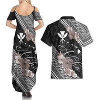 Aloha Hawaii Hibiscus and Plumeria Flowers Couples Matching Summer Maxi Dress and Hawaiian Shirt Kanaka Maoli Tattoo Polynesian Pattern Gray Color LT03 - Polynesian Pride