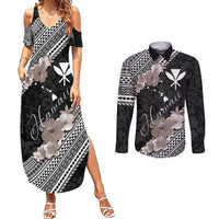 Aloha Hawaii Hibiscus and Plumeria Flowers Couples Matching Summer Maxi Dress and Long Sleeve Button Shirt Kanaka Maoli Tattoo Polynesian Pattern Gray Color LT03 Black - Polynesian Pride