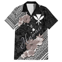 Aloha Hawaii Hibiscus and Plumeria Flowers Family Matching Off The Shoulder Long Sleeve Dress and Hawaiian Shirt Kanaka Maoli Tattoo Polynesian Pattern Gray Color LT03 Dad's Shirt - Short Sleeve Black - Polynesian Pride