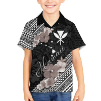 Aloha Hawaii Hibiscus and Plumeria Flowers Family Matching Off The Shoulder Long Sleeve Dress and Hawaiian Shirt Kanaka Maoli Tattoo Polynesian Pattern Gray Color LT03 Son's Shirt Black - Polynesian Pride