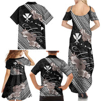 Aloha Hawaii Hibiscus and Plumeria Flowers Family Matching Summer Maxi Dress and Hawaiian Shirt Kanaka Maoli Tattoo Polynesian Pattern Gray Color LT03 - Polynesian Pride
