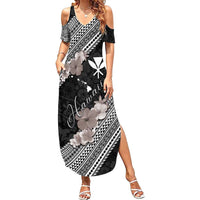 Aloha Hawaii Hibiscus and Plumeria Flowers Family Matching Summer Maxi Dress and Hawaiian Shirt Kanaka Maoli Tattoo Polynesian Pattern Gray Color LT03 Mom's Dress Black - Polynesian Pride