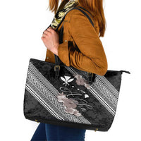 Aloha Hawaii Hibiscus and Plumeria Flowers Leather Tote Bag Kanaka Maoli Tattoo Polynesian Pattern Gray Color LT03 Black - Polynesian Pride