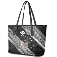 Aloha Hawaii Hibiscus and Plumeria Flowers Leather Tote Bag Kanaka Maoli Tattoo Polynesian Pattern Gray Color LT03 - Polynesian Pride