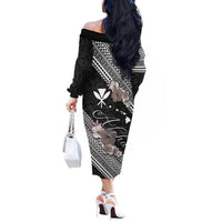 Aloha Hawaii Hibiscus and Plumeria Flowers Off The Shoulder Long Sleeve Dress Kanaka Maoli Tattoo Polynesian Pattern Gray Color LT03 - Polynesian Pride