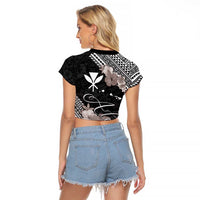 Aloha Hawaii Hibiscus and Plumeria Flowers Raglan Cropped T Shirt Kanaka Maoli Tattoo Polynesian Pattern Gray Color LT03 - Polynesian Pride