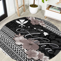 Aloha Hawaii Hibiscus and Plumeria Flowers Round Carpet Kanaka Maoli Tattoo Polynesian Pattern Gray Color LT03 Black - Polynesian Pride