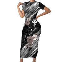 Aloha Hawaii Hibiscus and Plumeria Flowers Short Sleeve Bodycon Dress Kanaka Maoli Tattoo Polynesian Pattern Gray Color LT03 Long Dress Black - Polynesian Pride