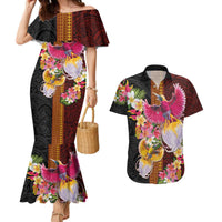 Papua New Guinea Birds and Frangipani Couples Matching Mermaid Dress and Hawaiian Shirt Melanesian Art Tattoos LT03 Black - Polynesian Pride