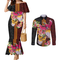 Papua New Guinea Birds and Frangipani Couples Matching Mermaid Dress and Long Sleeve Button Shirt Melanesian Art Tattoos LT03 Black - Polynesian Pride