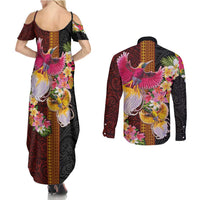 Papua New Guinea Birds and Frangipani Couples Matching Summer Maxi Dress and Long Sleeve Button Shirt Melanesian Art Tattoos LT03 - Polynesian Pride