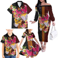 Papua New Guinea Birds and Frangipani Family Matching Off The Shoulder Long Sleeve Dress and Hawaiian Shirt Melanesian Art Tattoos LT03 - Polynesian Pride