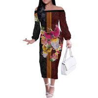 Papua New Guinea Birds and Frangipani Family Matching Off The Shoulder Long Sleeve Dress and Hawaiian Shirt Melanesian Art Tattoos LT03 Mom's Dress Black - Polynesian Pride